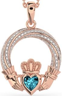 Diamond Aquamarine Rose Gold Silver Claddagh Necklace