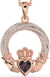 Diamond Alexandrite Rose Gold Silver Claddagh Necklace