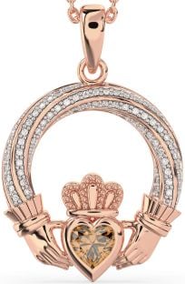 Diamond Citrine Rose Gold Silver Claddagh Necklace