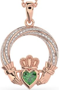 Diamond Emerald Rose Gold Silver Claddagh Necklace