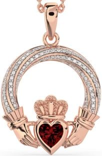 Diamond Garnet Rose Gold Silver Claddagh Necklace