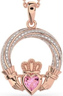 Diamond Pink Tourmaline Rose Gold Silver Claddagh Necklace