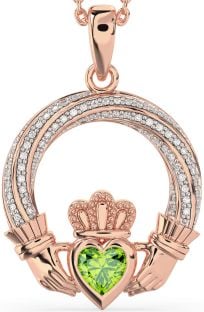 Diamond Peridot Rose Gold Silver Claddagh Necklace