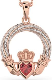 Diamond Ruby Rose Gold Silver Claddagh Necklace