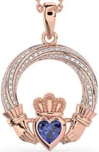 Diamond Sapphire Rose Gold Silver Claddagh Necklace