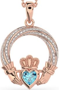 Diamond Topaz Rose Gold Silver Claddagh Necklace