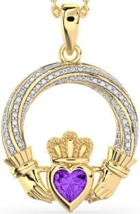 Diamond Amethyst Gold Silver Claddagh Necklace