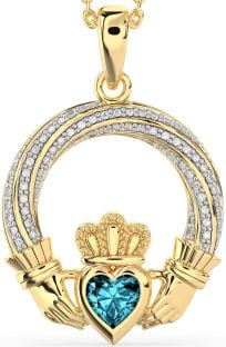 Diamond Aquamarine Gold Silver Claddagh Necklace