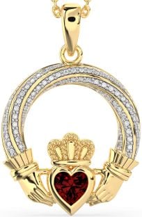 Diamond Garnet Gold Silver Claddagh Necklace