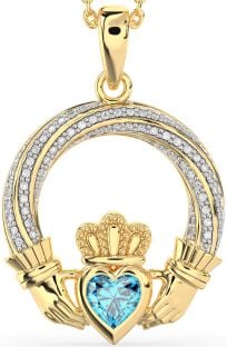 Diamond Topaz Gold Silver Claddagh Necklace