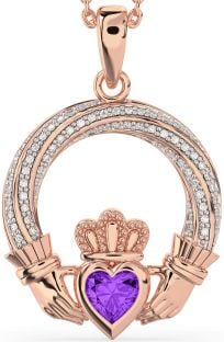 Diamond Amethyst Rose Gold Claddagh Necklace