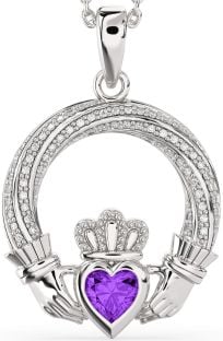 Diamond Amethyst Silver Claddagh Necklace