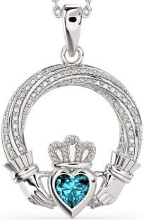 Diamond Aquamarine Silver Claddagh Necklace