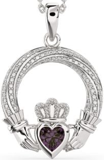 Diamond Alexandrite Silver Claddagh Necklace