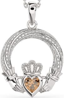 Diamond Citrine Silver Claddagh Necklace