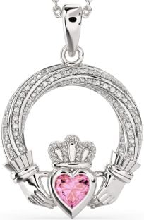 Diamond Pink Tourmaline Silver Claddagh Necklace