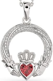 Diamond Ruby Silver Claddagh Necklace