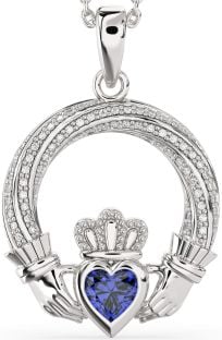 Diamond Sapphire Silver Claddagh Necklace