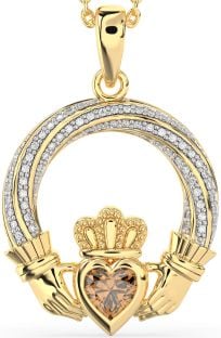 Diamond Citrine Gold Claddagh Necklace