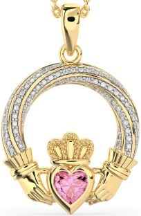 Diamant Roze Toermalijn Goud Claddagh Halsketting