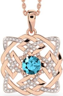 Diamond Aquamarine Rose Gold Silver Celtic Necklace