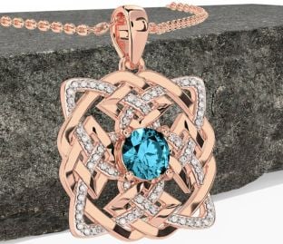 Diamond Aquamarine Rose Gold Silver Celtic Necklace