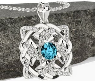Diamond Aquamarine White Gold Celtic Necklace