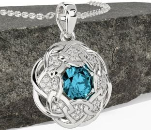 Diamond Aquamarine White Gold Celtic Necklace