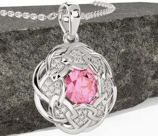 Diamond Pink Tourmaline White Gold Celtic Necklace