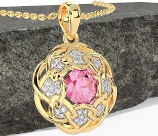 Diamond Pink Tourmaline Gold Celtic Necklace