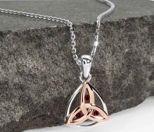 Garnet Rose Gold Silver Celtic Trinity Knot Necklace