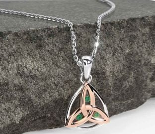 Emerald Rose Gold Silver Celtic Trinity Knot Necklace