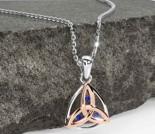 Sapphire Rose Gold Silver Celtic Trinity Knot Necklace