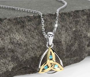 Aquamarine Gold Silver Celtic Trinity Knot Necklace