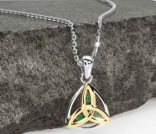 Emerald Gold Silver Celtic Trinity Knot Necklace