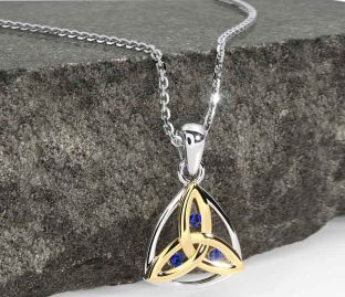 Sapphire Gold Silver Celtic Trinity Knot Necklace