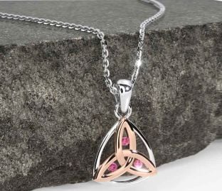 Pink Tourmaline White Rose Gold Celtic Trinity Knot Necklace