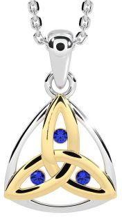 Sapphire White Yellow Gold Celtic Trinity Knot Necklace