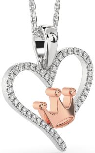 Diamond Platinum & Rose Gold Heart Crown Necklace