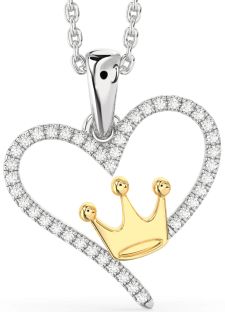 Diamond Platinum & Yellow Gold Heart Crown Necklace