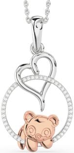 Diamond Platinum & Rose Gold Heart Circle Bear Necklace