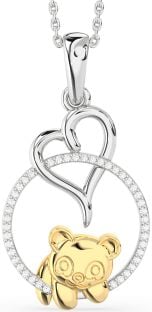 Diamond Platinum & Yellow Gold Heart Circle Bear Necklace