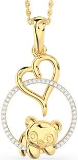 Diamond Gold Heart Circle Bear Necklace
