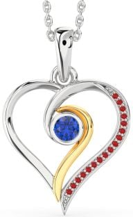 Blue Sapphire & Ruby Silver & 10K gold Heart Necklace