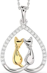 Large Diamond Silver & 10K gold Heart Cat Necklace