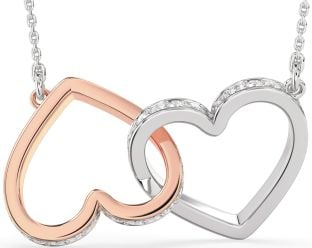 Large Diamond Rose Gold Silver Heart Interlock Necklace