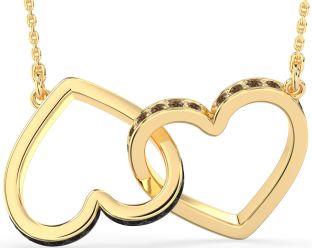 Large Black & Chocolate Brown Diamond Gold Heart Interlock Necklace