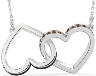 Large Black & Chocolate Brown Diamond Platinum Heart Interlock Necklace