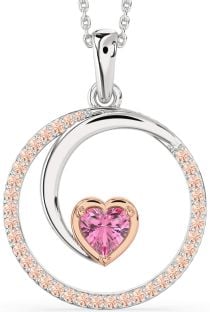 Large Pink Sapphire & Morganite Platinum & Rose Gold Heart Circle Necklace
