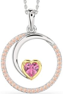 Large Pink Sapphire & Morganite Platinum & Yellow Gold Heart Circle Necklace